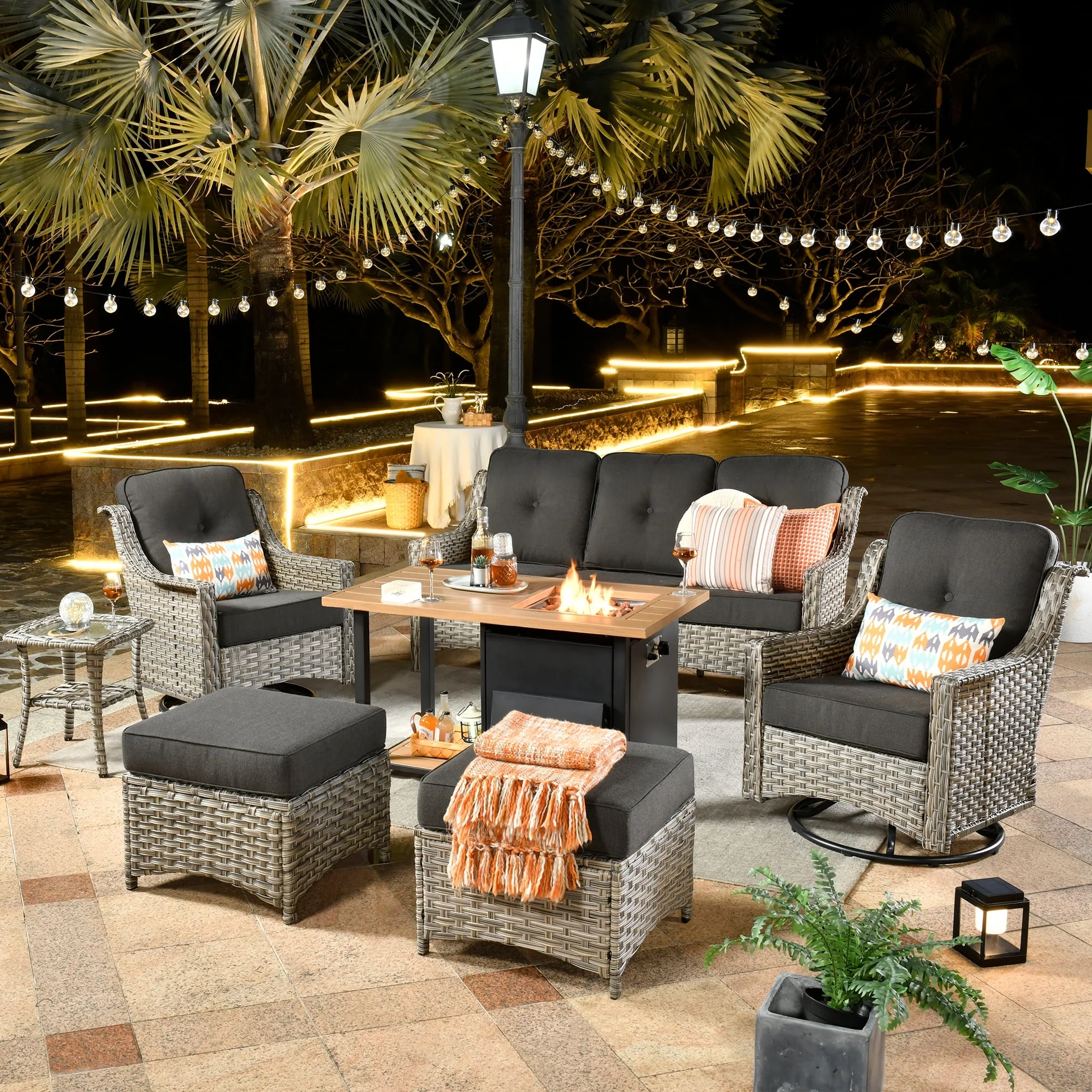 Ovios High-Back Outdoor Patio Furniture with Fire Pit 7 Pieces All Weather Wicker Conversation Furniture with Rocking Swivel Chair for Backyard