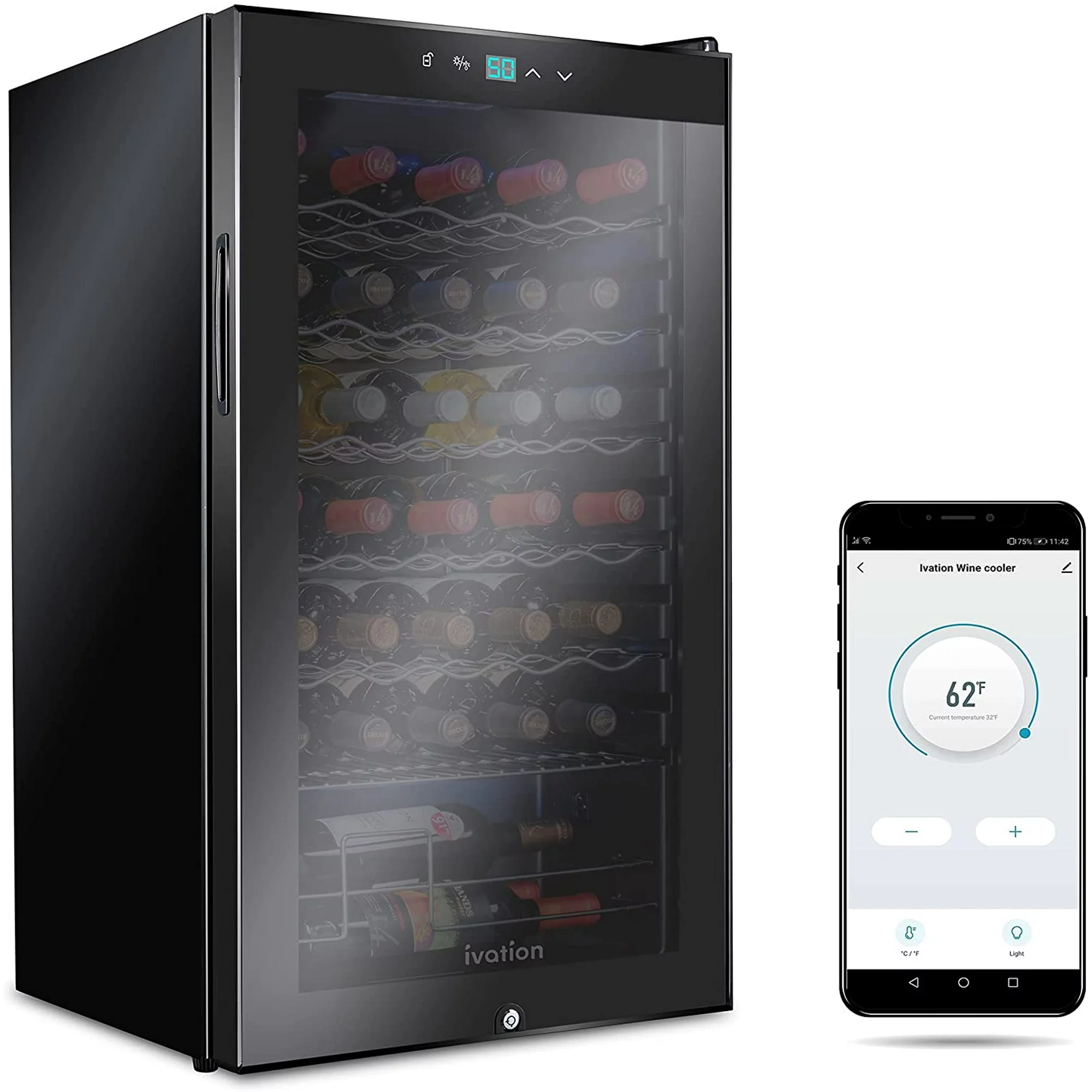 Ivation 34 Bottles Wine Fridge W/ Wi-Fi App, Freestanding Wine Cooler Refrigerator with Lock