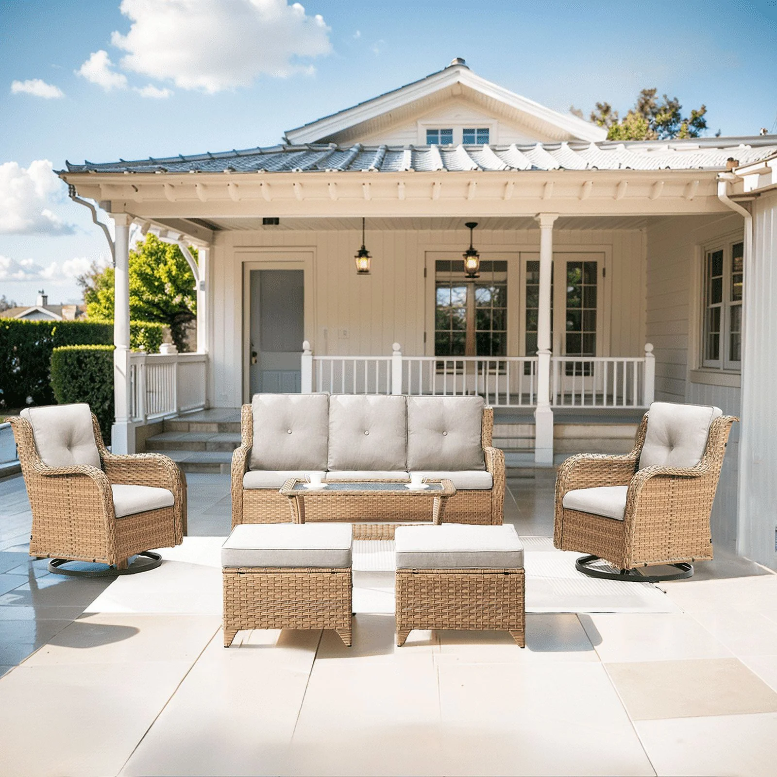 PARKWELL 6-Piece Outdoor Patio Furniture Set,Rattan Couch Rocking Chairs Set with Ottoman,Coffee Table,All-Weather Wicker Sectional Sofa Set with Cushions for Backyard Garden Pool,Beige