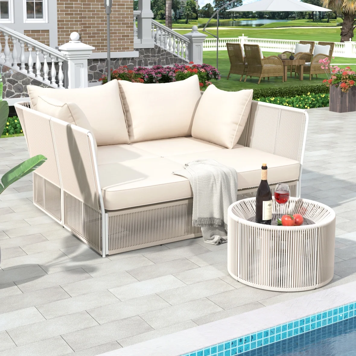 Outdoor Sunbed and Coffee Table Set,Loveseat Daybed with Clear Tempered Glass Table,Patio Double Chaise Lounger for Patio,Poolside,Beige Cushion+Natural Rope