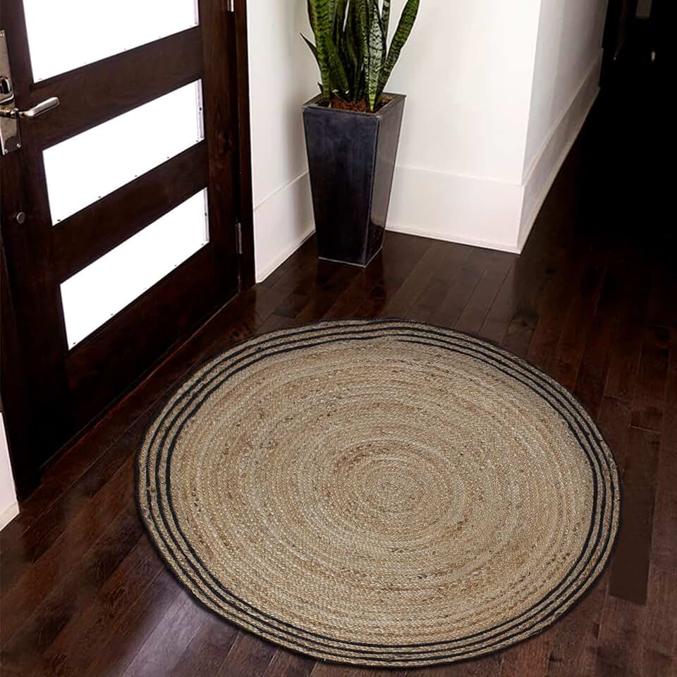 Indian Hand Braided Jute Rug Geometric Beige & Black Circle Area Rug Best Uses For Garden Yoga Mat Indoor Hall Room Hallway Enterway Living Room & Balcony 10x10 Feet Round