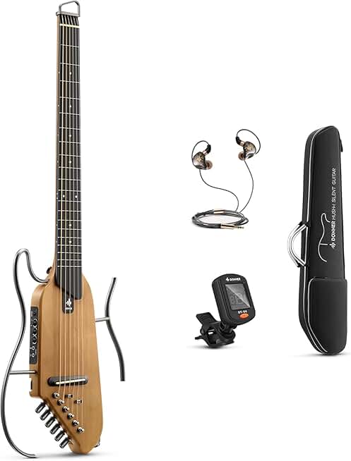Donner HUSH-I Guitar For Travel - Portable Ultra-Light and Quiet Performance Headless Acoustic-Electric Guitar, Maple Body with Removable Frames, Gig Bag, and Accessories