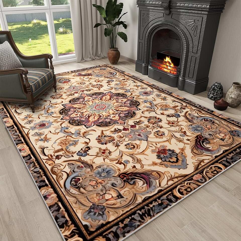 Brown Area Rugs for Living Room,Medallion Boho Machine Washable Low Pile Rugs,Non Alip Vintage Rug for Bedroom,Dining Room, Home Office,5x8ft/60x96in/150x240cm