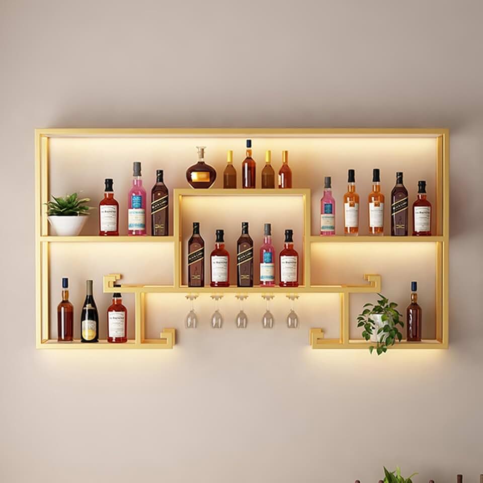 Wine Rack Wall Mounted,Wine Glass Rack Modern Wine Rack Wall Mounted With LED Light Iron Wine Shelf With Wine Glass Holder Floating Wall Wine Shelves Hanging Goblet Rack,Gold,Black(Gold,100cm/39.9in)