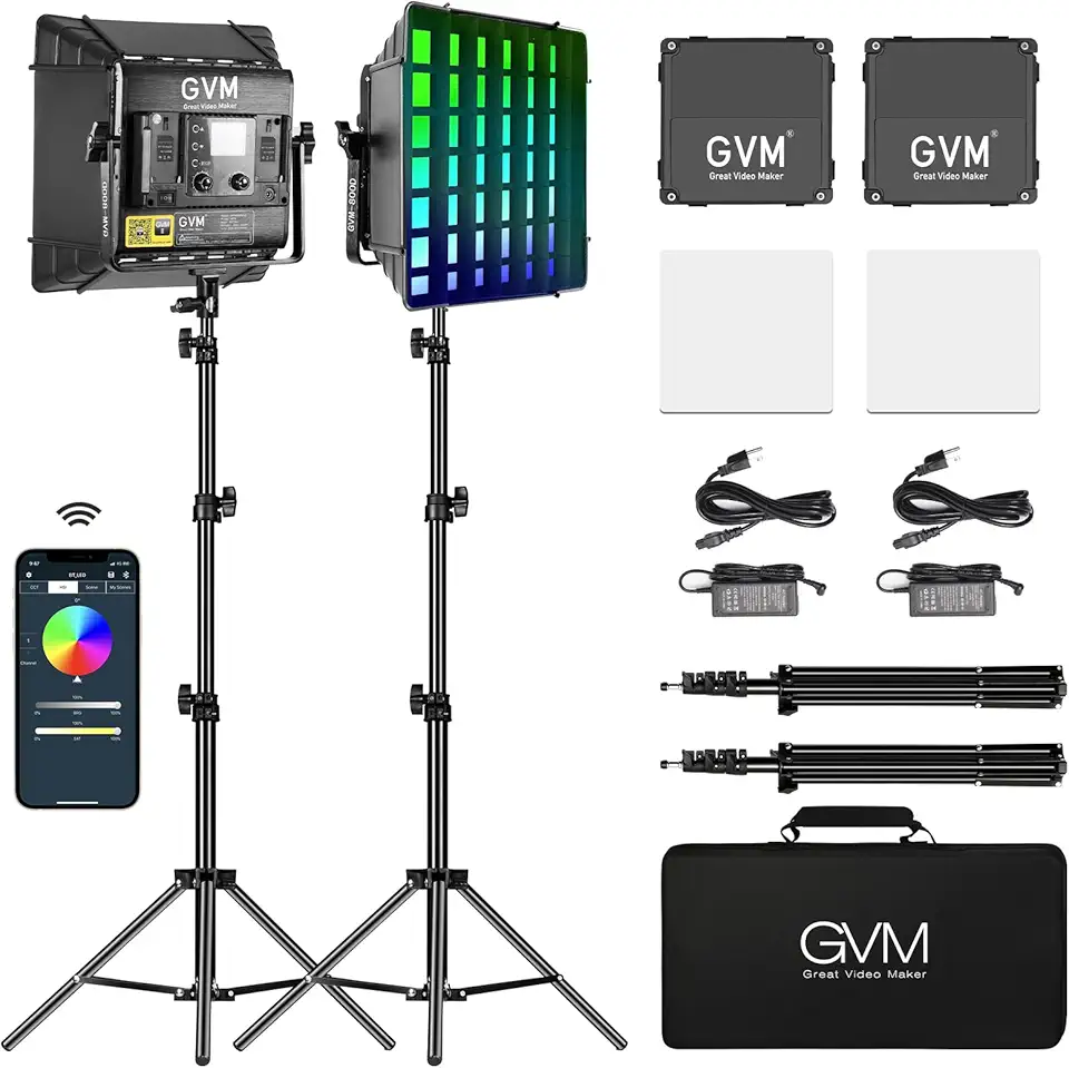 GVM Upgrade 800D RGB Video Light Kits with 2 Softboxes, Studio Lights with Bluetooth Control, 2 Packs Photography Lighting with 18 Lighting Scenes, led Panel Lights for Video Recording