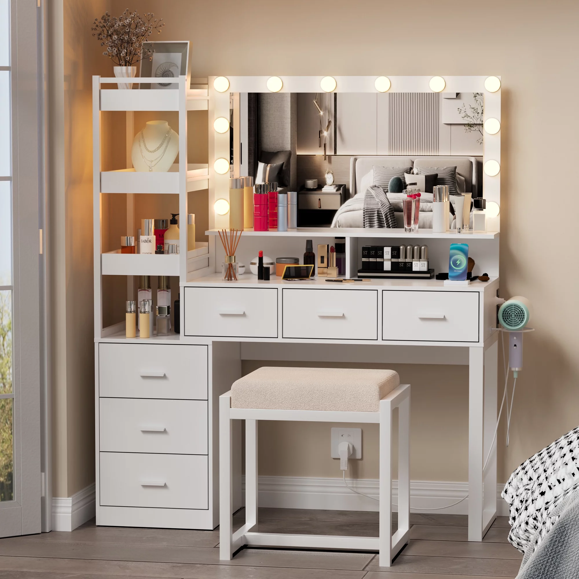 PAKASEPT Vanity Set with LED Lighted Mirror, Built-in Charging Station-2 USB Ports & 2 Outlets, Large Storage Capacity with Drawers and Shelves, Cushioned Stool and Hair Dryer Rack, White Finish