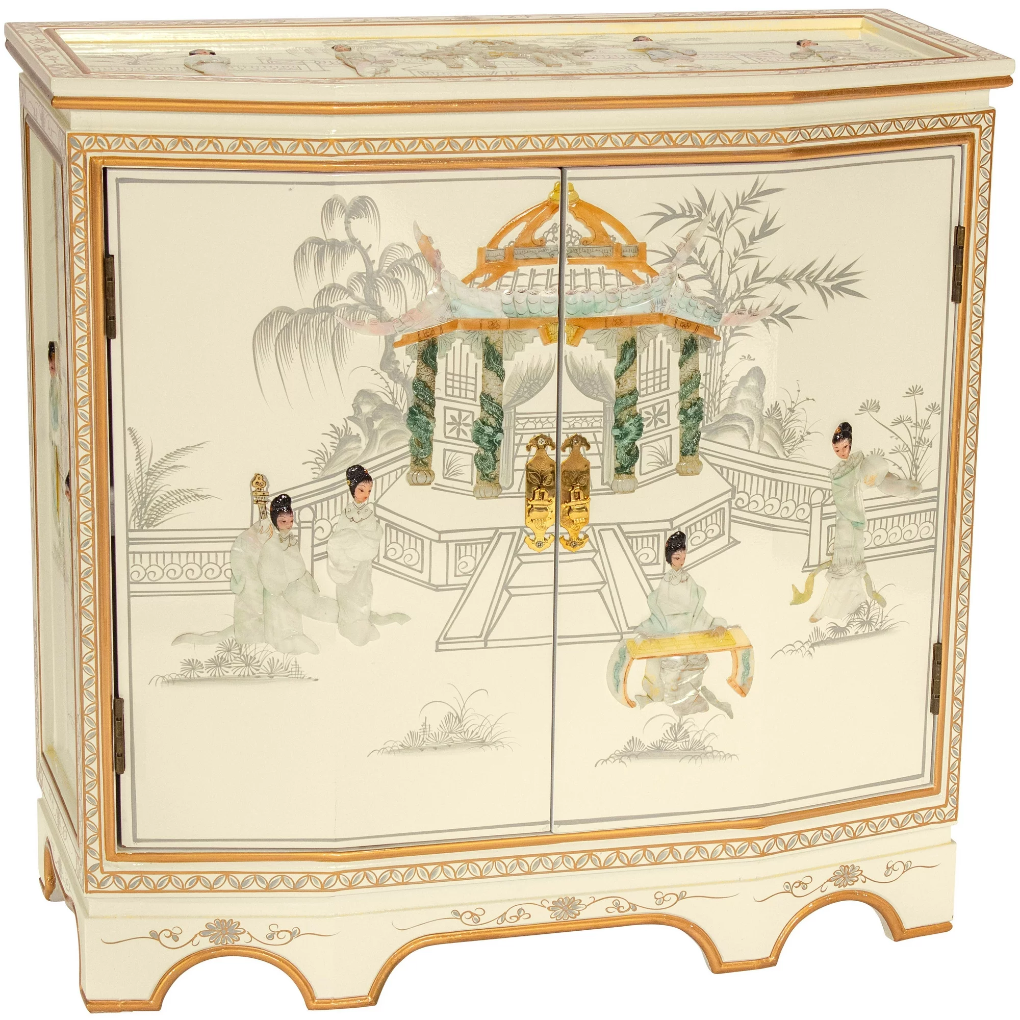 Oriental Furniture Ivory Lacquer Slant Sideboard - Royal Ladies