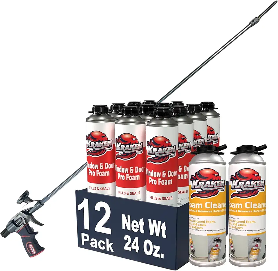 Kraken Bond Window & Door Expanding Foam Sealant - (12x24oz) Professional Gap Filling Gun Use Polyurethane Spray Foam, Low Expansion Waterproof Gap Filler, 40