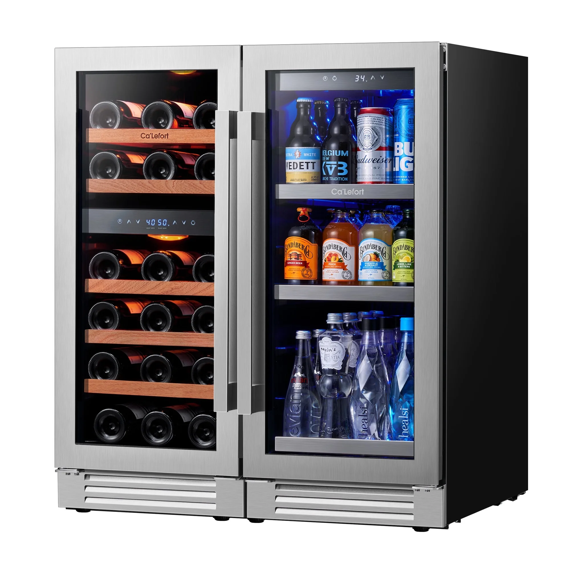 Ca'Lefort 30 Inch Wine Cooler Beverage Refrigerator, Hold 100 Cans and 28 Bottles Dual Zone Wine Fridge Freestanding & Built-in with Stainless Steel frame for Kitchen Office