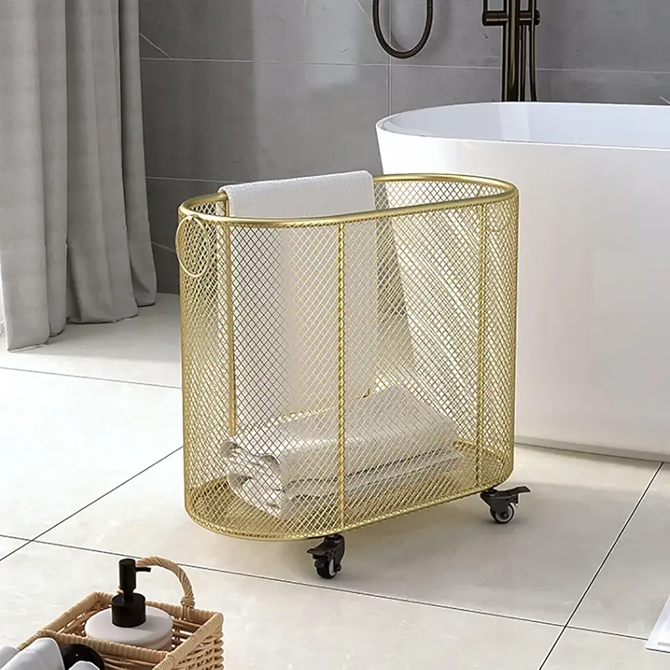 Yoga mat Shelf Storage Basket Rolling Laundry Cart with Wheels - Gold Metal Rack Organizer for Yoga Mats, Clothes, and Laundry