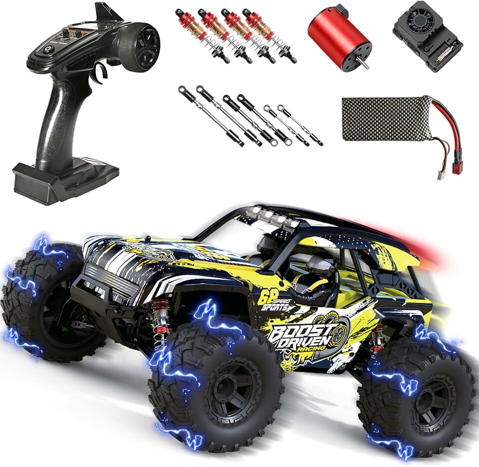 Brushless RC Car for Adults, 1:10 Fast Remote Control Car, Max 50+ MPH High Speed Fast RC Cars, 2.4 Ghz All Terrain Hobby Rc Trucks for Adults Boys, Off-Road Electric Monster Truck - Yellow