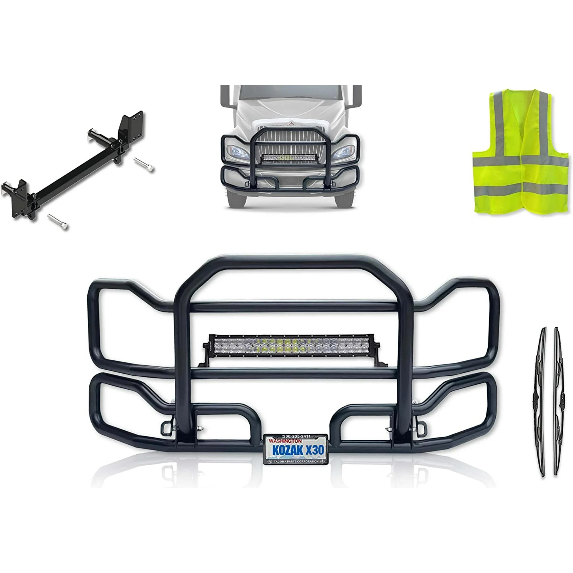 Black Front Grille Deer Moose Brush Bumper Guard Large for International RH (Plastic Bumper) Plus Bracket, Logo, 22 LED Bar, Wipers, License Plate Holder and Frame, Vest