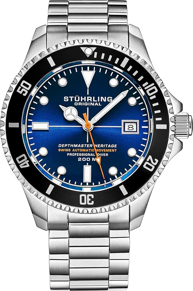 Mens Swiss Automatic Silver Stainless Steel Professional DEPTHMASTER Dive Watch Blue Face, 200 M Water Resistant, Brushed and Beveled Bracelet Divers Safety Clasp Screw Down Crown