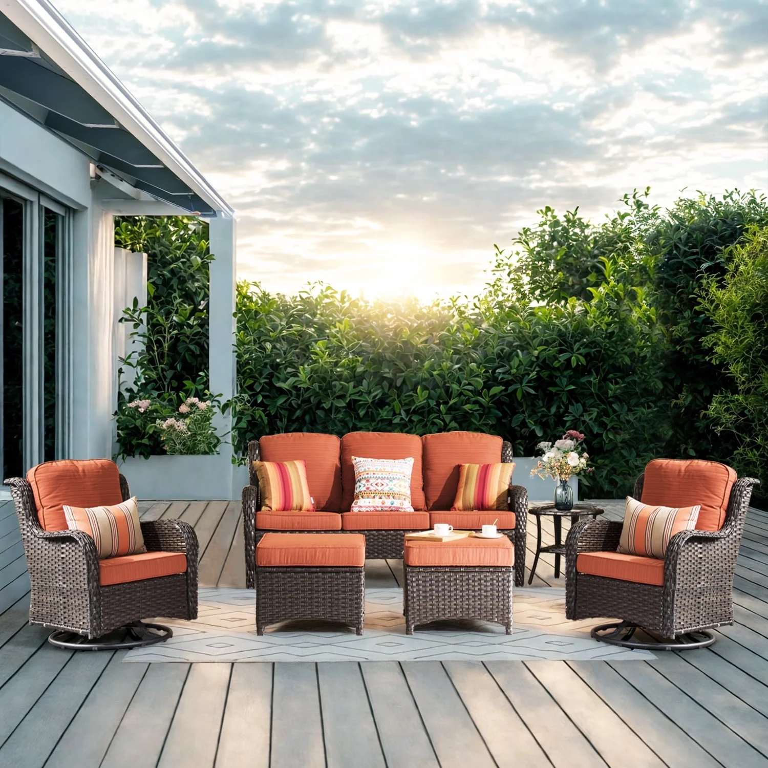 Ovios Outdoor Patio Furniture Set 6 Pieces High Back Wicker Conversation Set with Swivel Patio Chair and Ottoman for Backyard