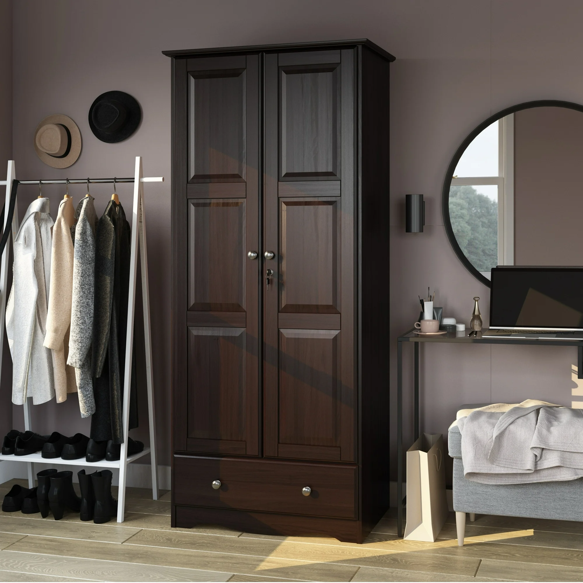Palace Imports  100% Solid Wood Flexible Wardrobe Armoire with Metal or Wooden Knobs Java-Metal Knobs Espresso Finish, Stained
