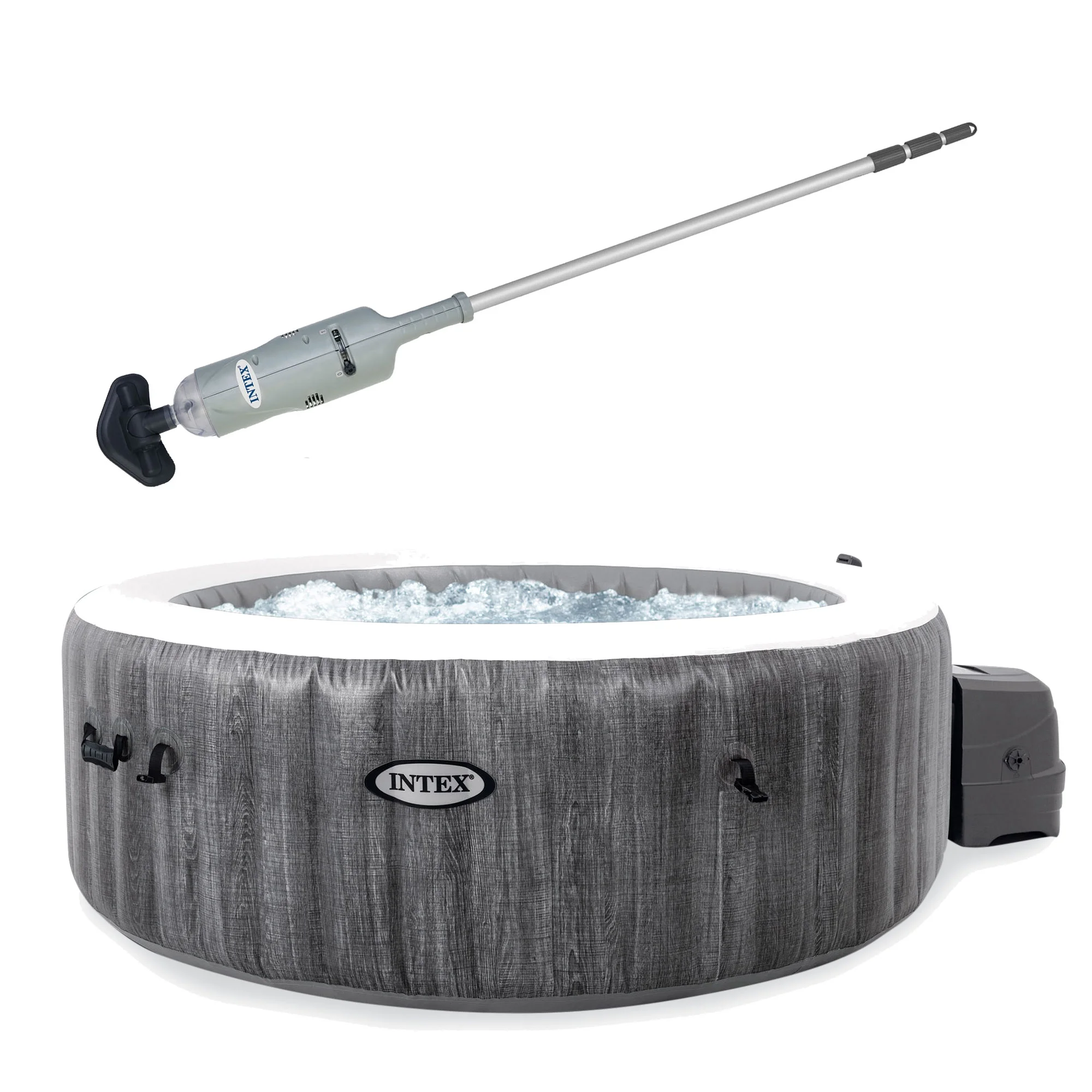 Intex Pool Vacuum with PureSpa Plus 4 Person Inflatable Hot Tub, Greywood