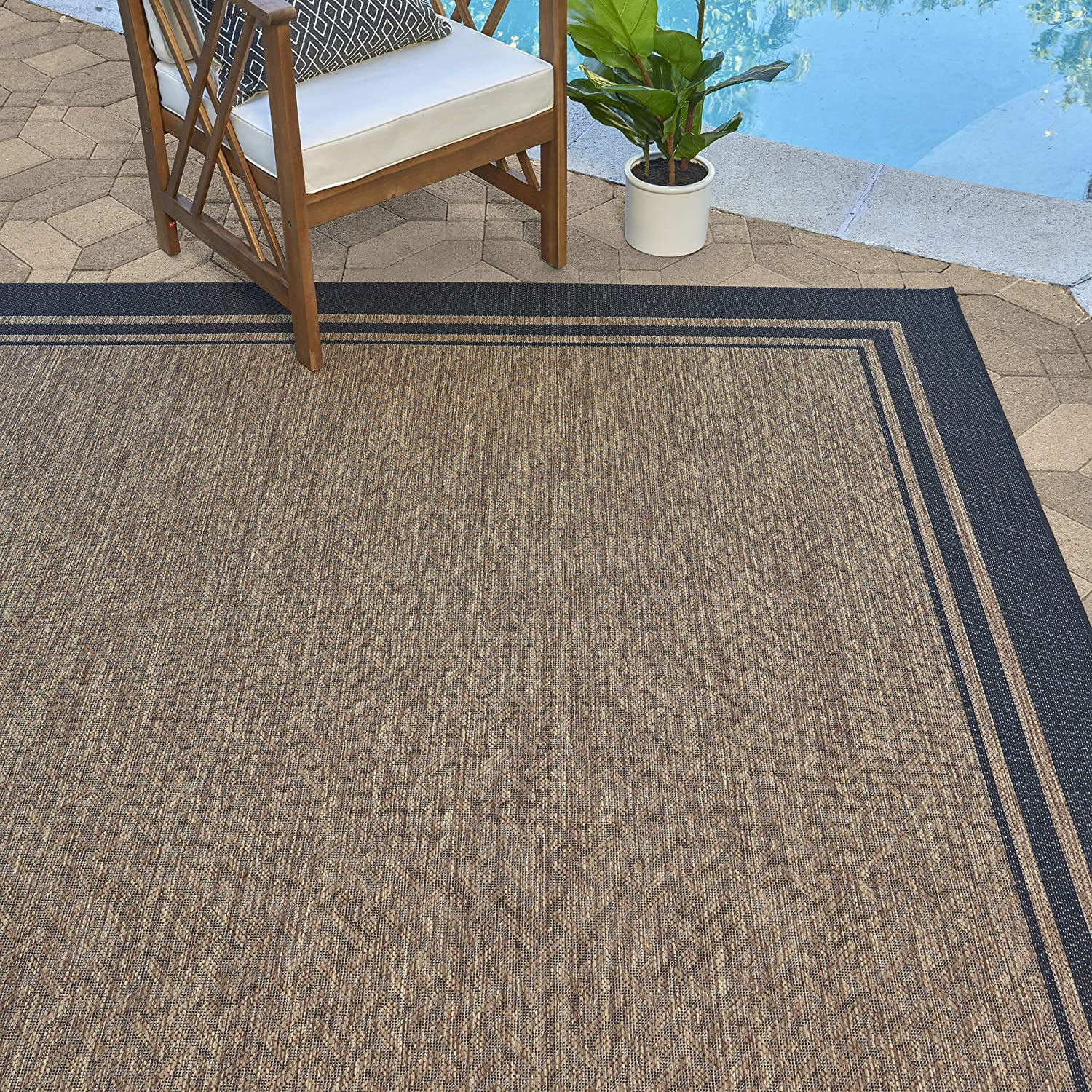 Indoor Outdoor Classic Flatweave Area Rug, Stain & UV Resistant Carpet, Deck, Patio, Poolside & Mudroom, 8x10 Ft Large, Border, Black Tan, 21515