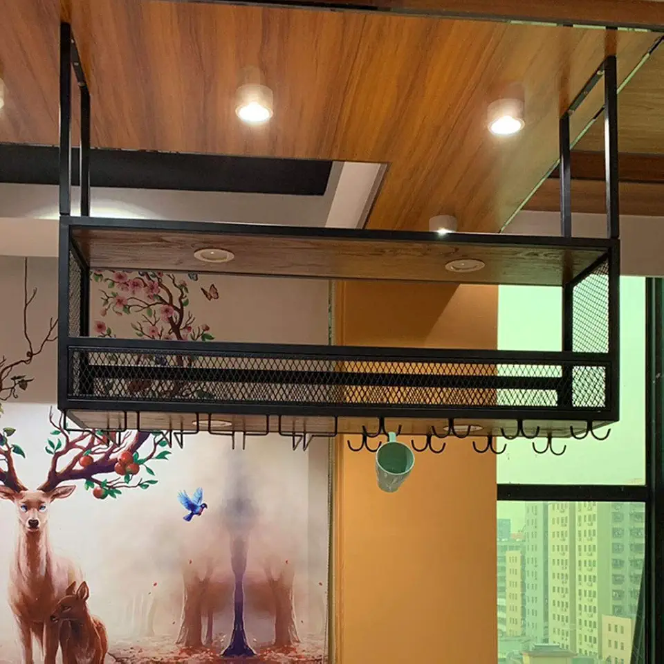 Industrial 2-Tier Ceiling Wine Racks with Cup Holder and Lamp Bar Butler Wine Dispenser Holds Any Type of Stemware Glassware Wine Glasses and Flutes Bottle Rack