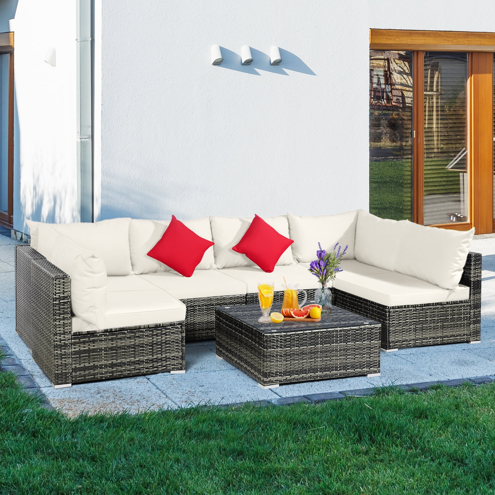Patiojoy 7 PCS Outdoor Patio Furniture Set All-Weather PE Rattan Sofa Set w/Coffee Table & Cushions Off White