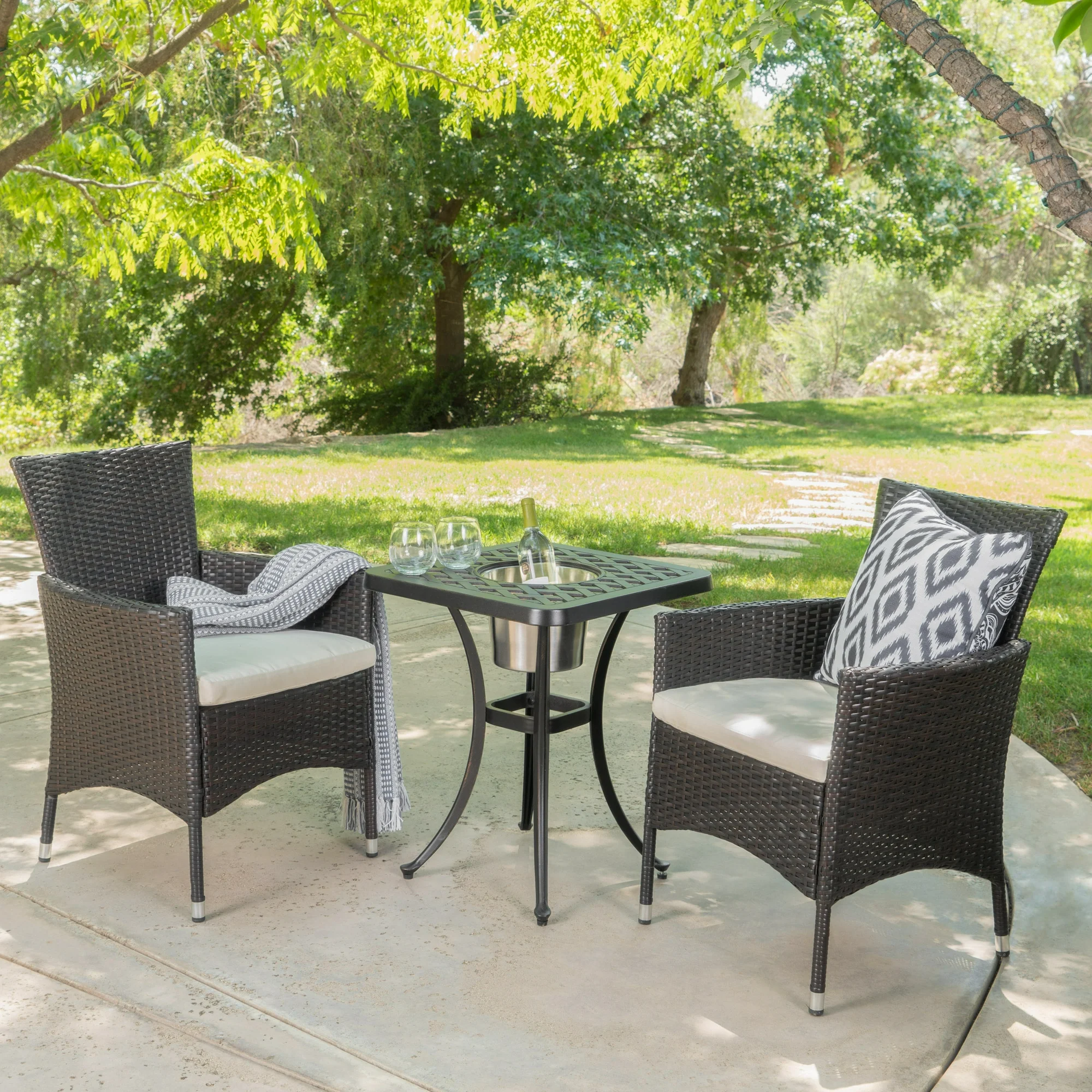 Outdoor 3 Piece Aluminum and Wicker Bistro Set with Cushions,Beige,Multibrown