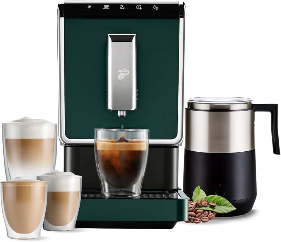Tchibo Automatic Espresso & Coffee Machine with Induction Milk Frother for Rich, Creamy Froth, Built-in Grinder, No Coffee Pods Needed, Green