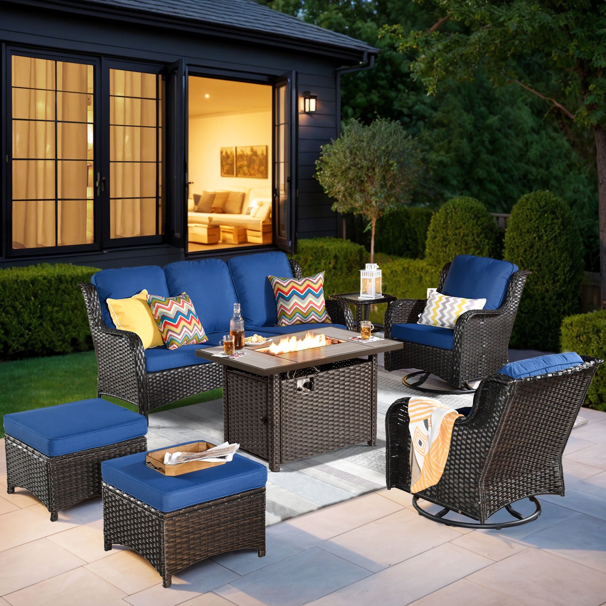 Ovios 7 Pieces Patio Furniture Set with Fire Pit Table Wicker Outdoor Sectional Conversation Set with Swivel Chair for Backyard