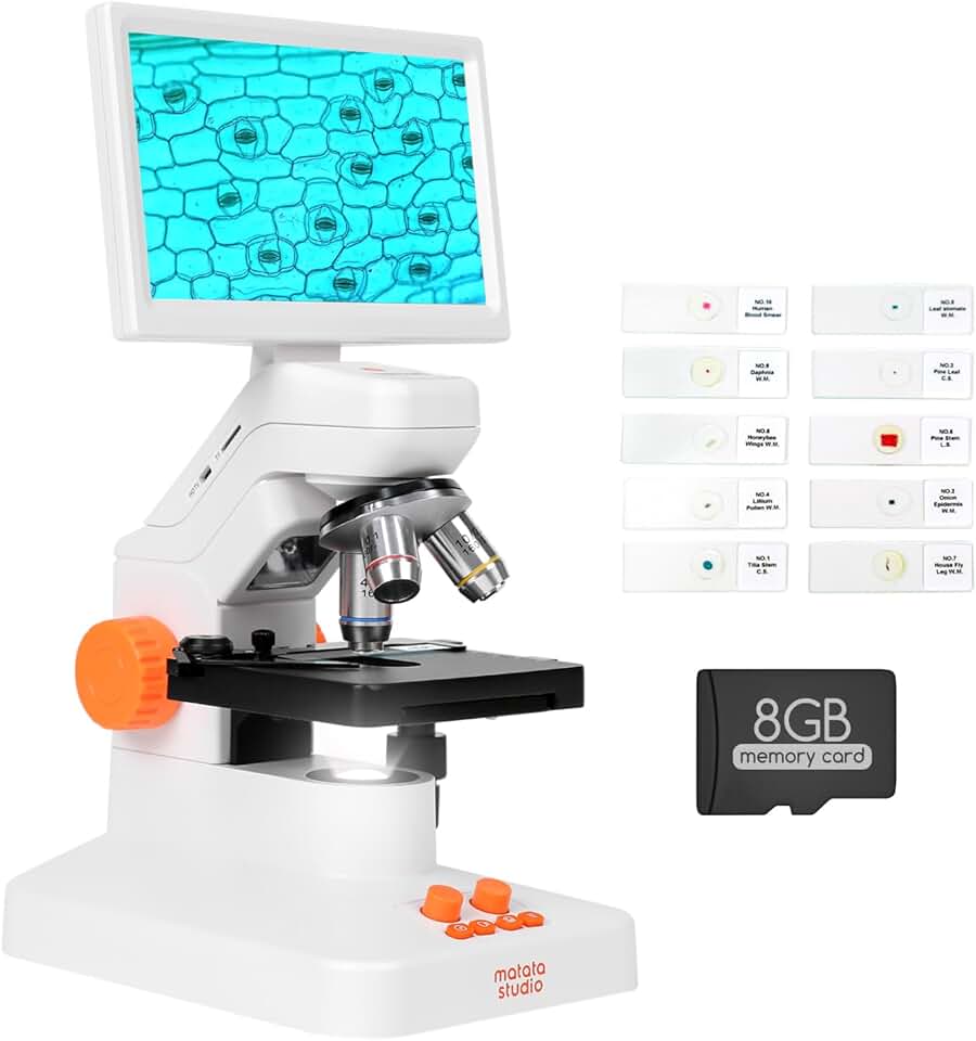 MT3-2 Biological Digital Microscope 40X-1600X with 7'' LCD HD Screen for Kids& Adults, Wireless Microscope with Screen for Classroom Lab Home, HDMI & USB Professional Microscope Kit with 10 Slides