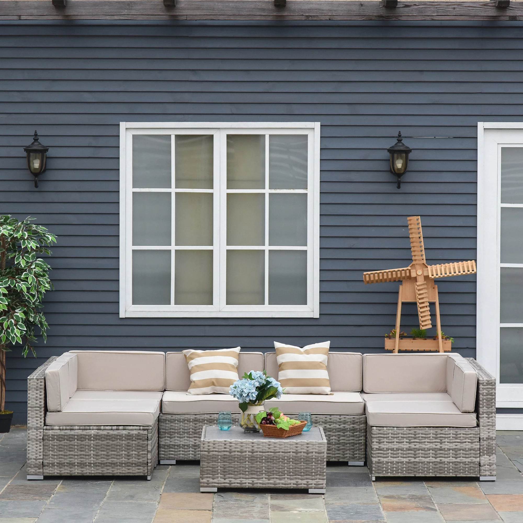 Outsunny 7pc Sectional Wicker Patio Furniture, Stripe, Beige