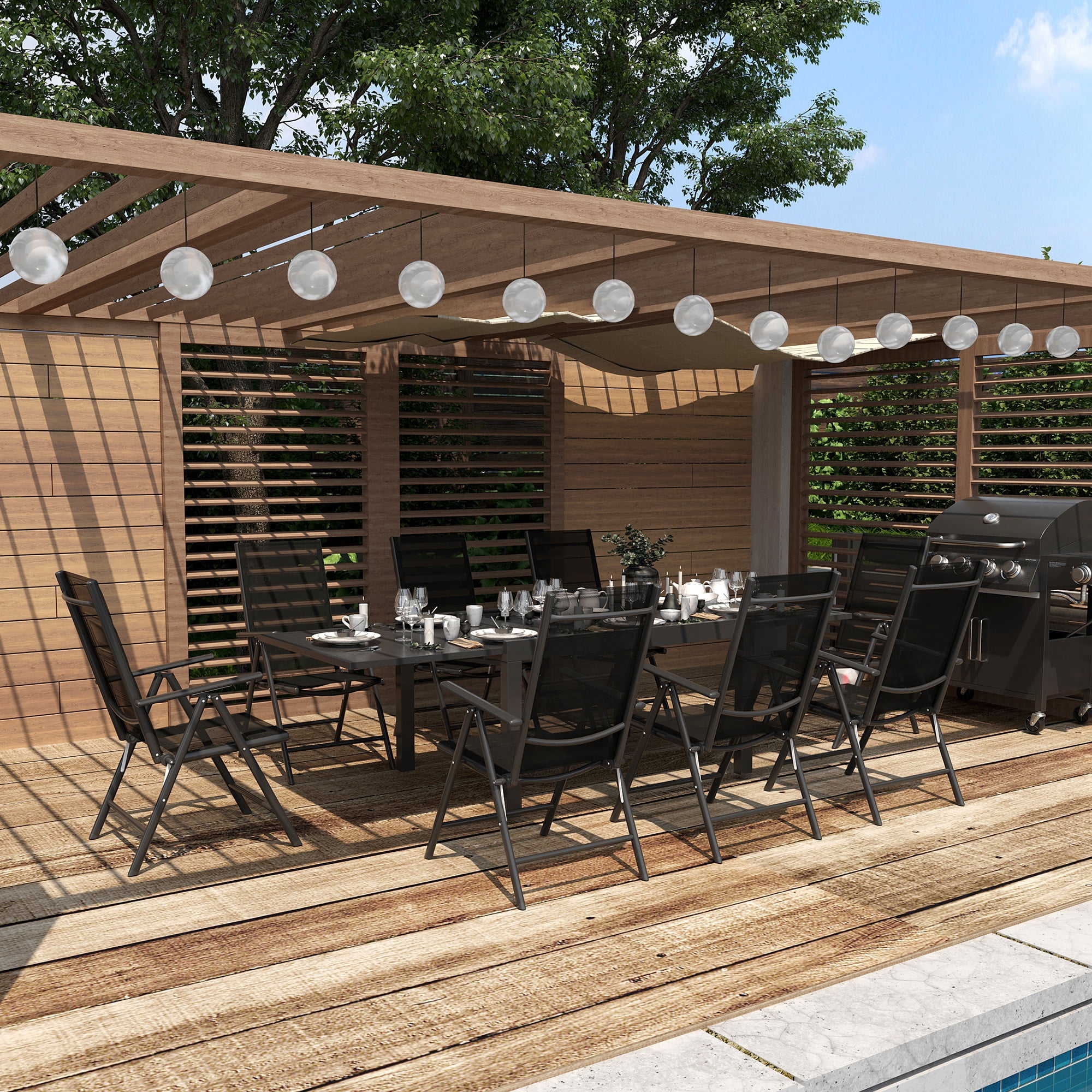 Outsunny 9pc Patio Dining Set, Extending Table, Folding Plush Chairs, Black