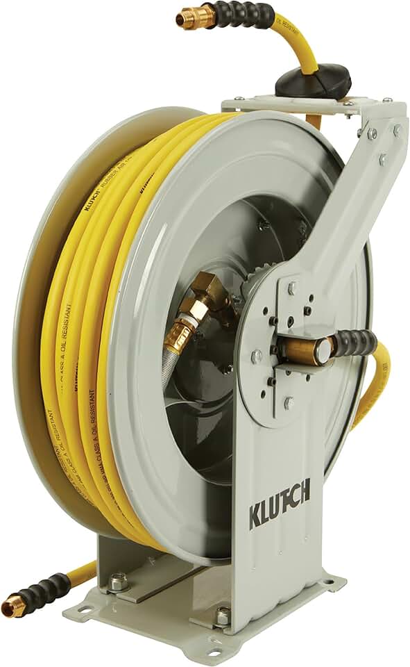 Klutch Auto-Rewind Air Hose Reel, with 1/2in.. x 50ft. Oil-Resistant Rubber Hose, 300 PSI, Model# OSRDA1250-NT