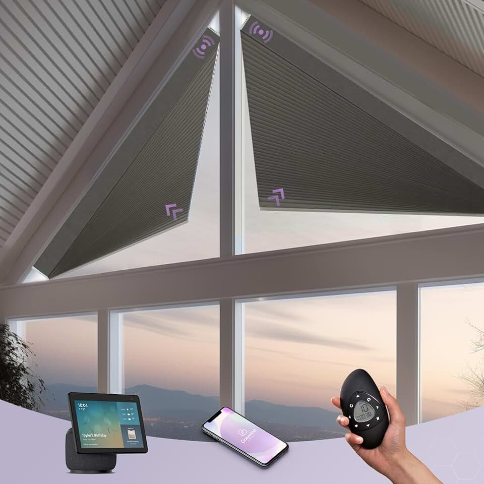 Graywind Smart Angled Blinds Compatible with Alexa Google Motorized Triangle Shaped Shades Solar Powered, Customized for Odd-Shaped Window (Blackout Dark Grey)