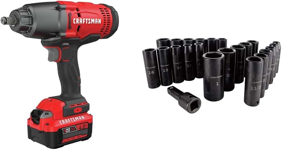 Craftsman V20* Impact Wrench Kit, Hog Ring, Cordless, 1/2-Inch w/Deep Impact Socket Set, SAE, 1/2-Inch, 23 Pieces (CMCF900M1 & CMMT16970)