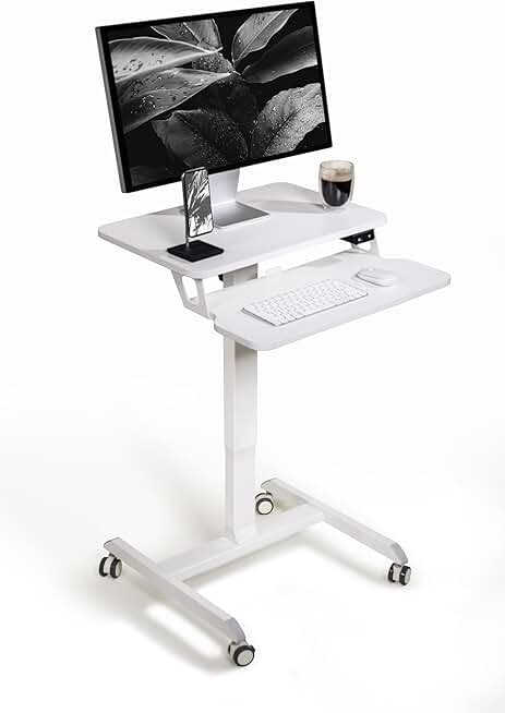 Automatic Height Adjustable Mobile Workstation with Keyboard Tray, Sit to Stand Up Tabletop Computer and Monitor Desk for Home Office or Office Desk (White Small)