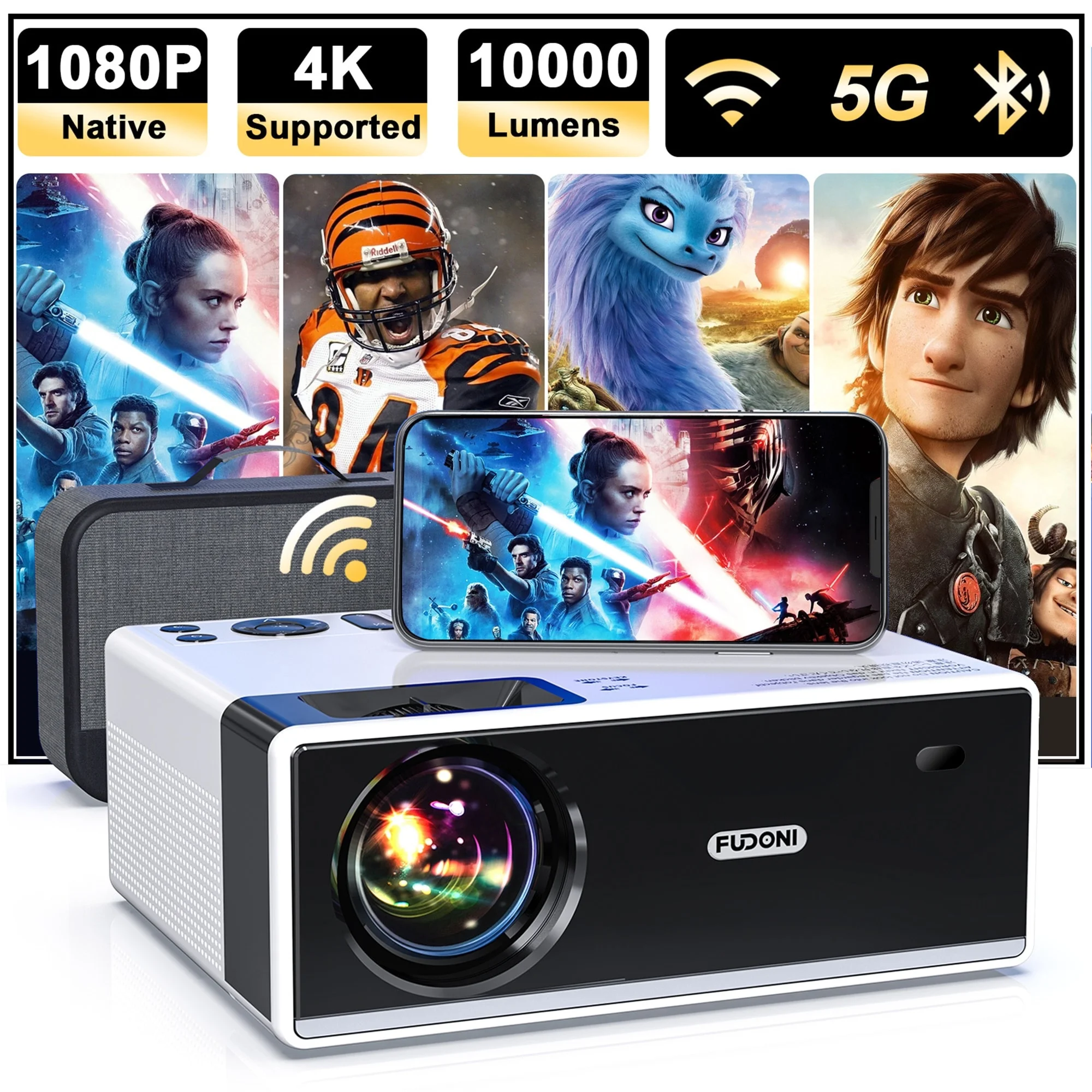 BESTCOSTY Portable Projector W/ WiFi and Bluetooth, Native 1080P Full HD