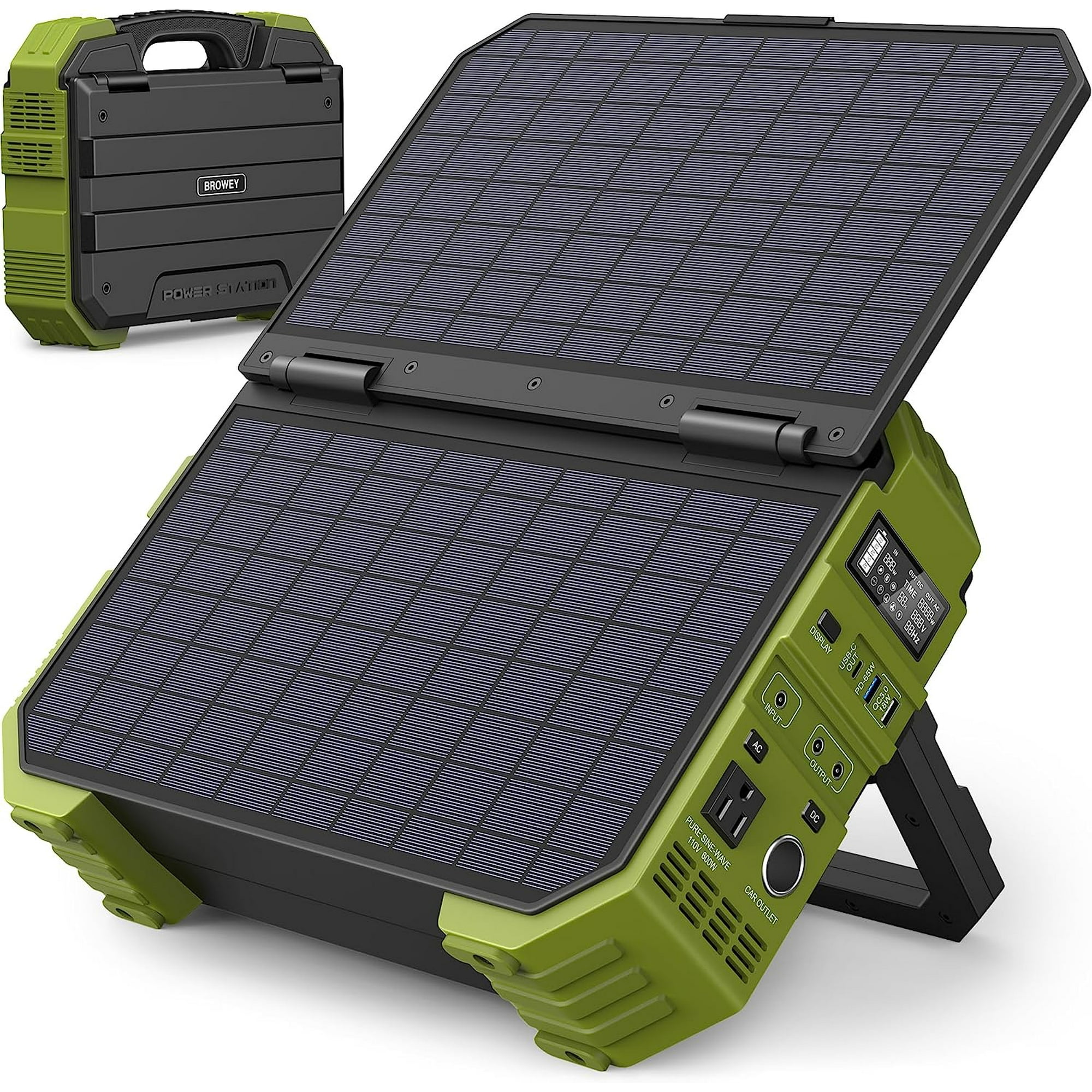 BROWEY 614.4Wh Portable Power Station with 30W Solar Panel, 600W AC Outlet, Backup Lithium Battery, Solar Generator for Outdoor Camping, RV Travel, Emergency