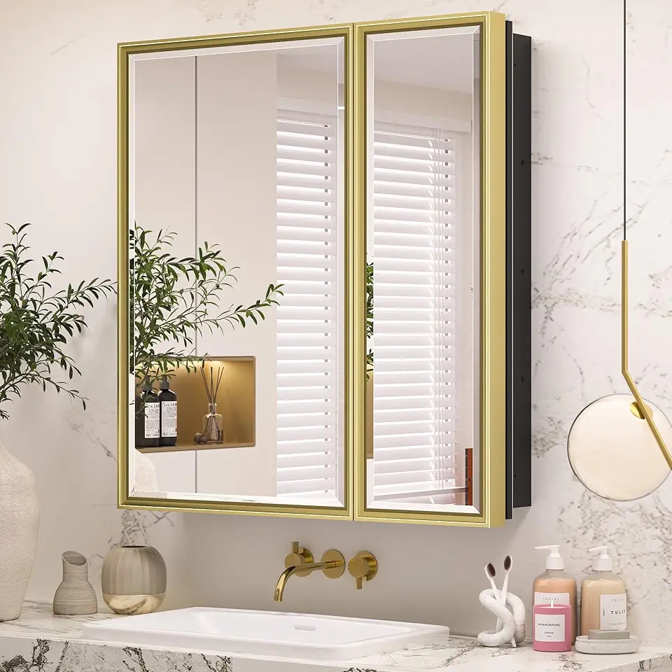 30 x 32 Inch Gold Bathroom Medicine Cabinets with Mirror Aluminum Alloy Frame with Beveled Edges Recessed or Surface Wall-Mounted Metal Framed 2 Doors Medicine Cabinet for Bathroom Vanity