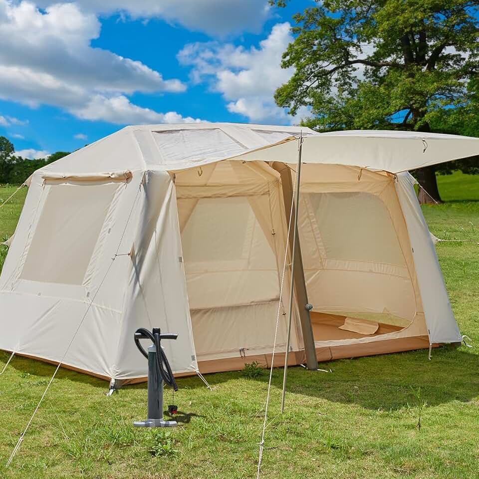 Inflatable Camping Tent with Waterproof Canopy, Cabin Tent, 4-6 Person Glamping Tents Sun Shelter,Easy Setup Outdoor Oxford Tents, Inflatable House Tent with Mosquito Screen,4 Season Air Tent