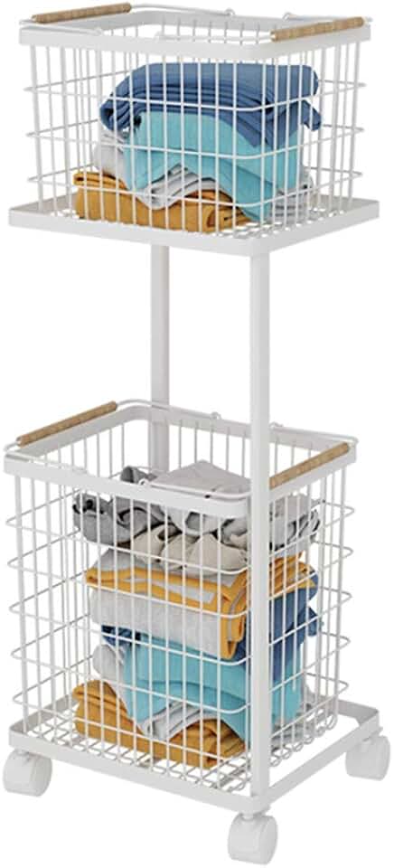 YJ Double-Layer Laundry Basket Storage Basket with Wheel Basket, Waterproof Portable Laundry Basket, Suitable for Children, Adults-Family and College Use