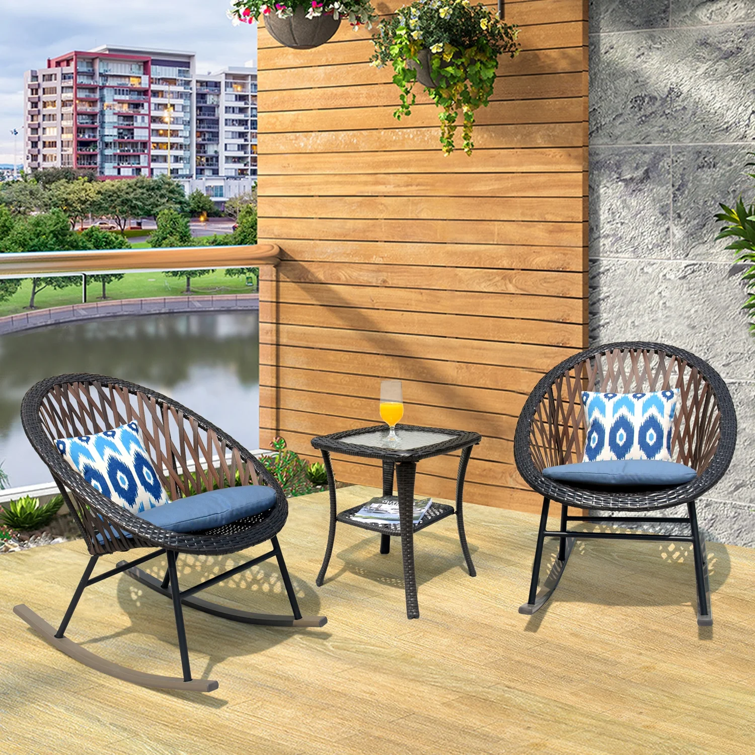 Ovios 3 Pieces Patio Rocking Chair PE Wicker Bistro Set Modern Outdoor Rocker Furniture Table with Glass Coffee Table for Backyard