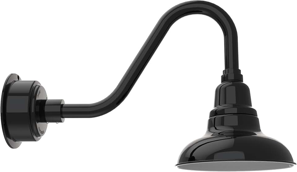 Cocoweb 8in. Gloss Black Indoor Outdoor Gooseneck Barn Light Fixture with Vintage Arm - Vintage Farmhouse Wall Sconce