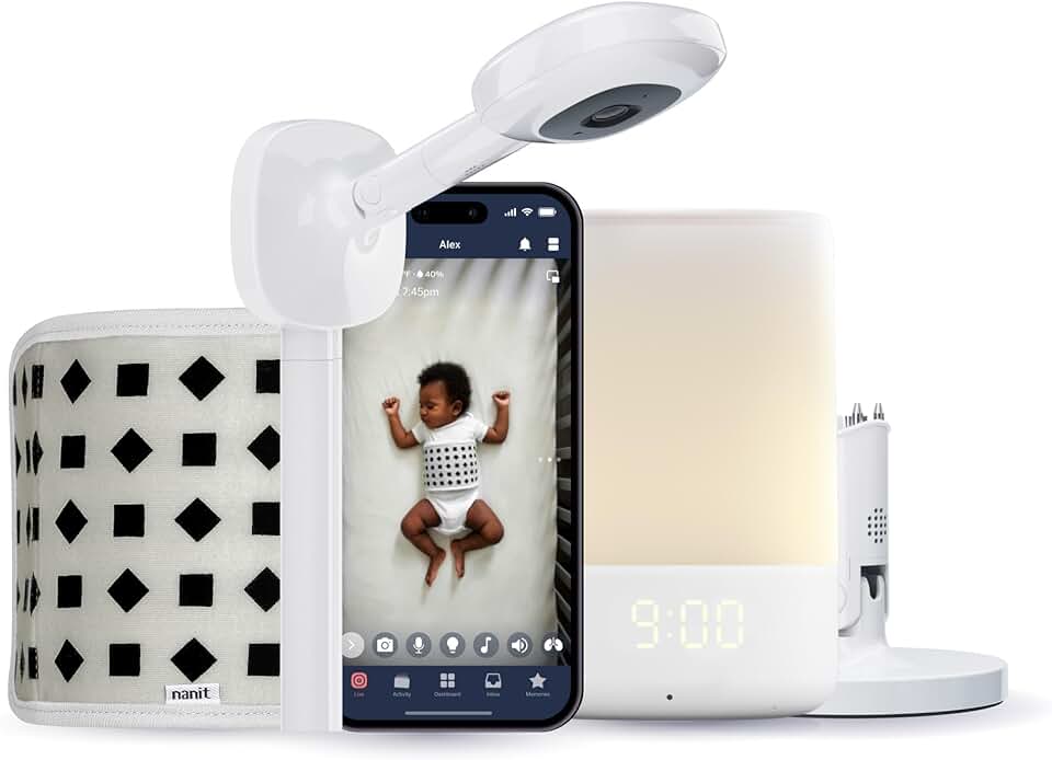 Superior Sleep Set - Includes Newborn Baby Essentials: Nanit Pro Camera with Wall Mount, Nanit Travel Stand, and The Sound + Light Audio Monitoring Machine & Baby Night Light