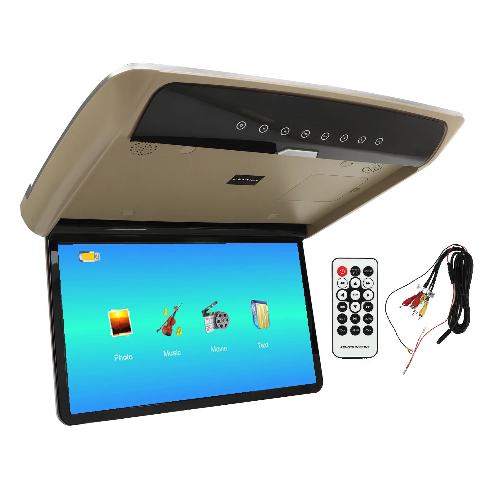 15.6in Car Overhead Roof Mounted Monitor IPS HD Screen MP5 Player Ultra Thin Flip Down Multimedia Player for Commercial Vehicle RV Beige