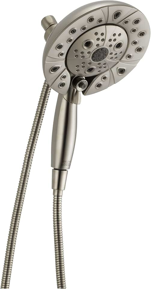 Delta Faucet 5-Spray In2ition Dual Shower Head with Handheld Spray, H2Okinetic Brushed Nickel Shower Head with Hose, Showerheads, Handheld Shower Heads, Lumicoat Stainless 58480-SS-PR-PK