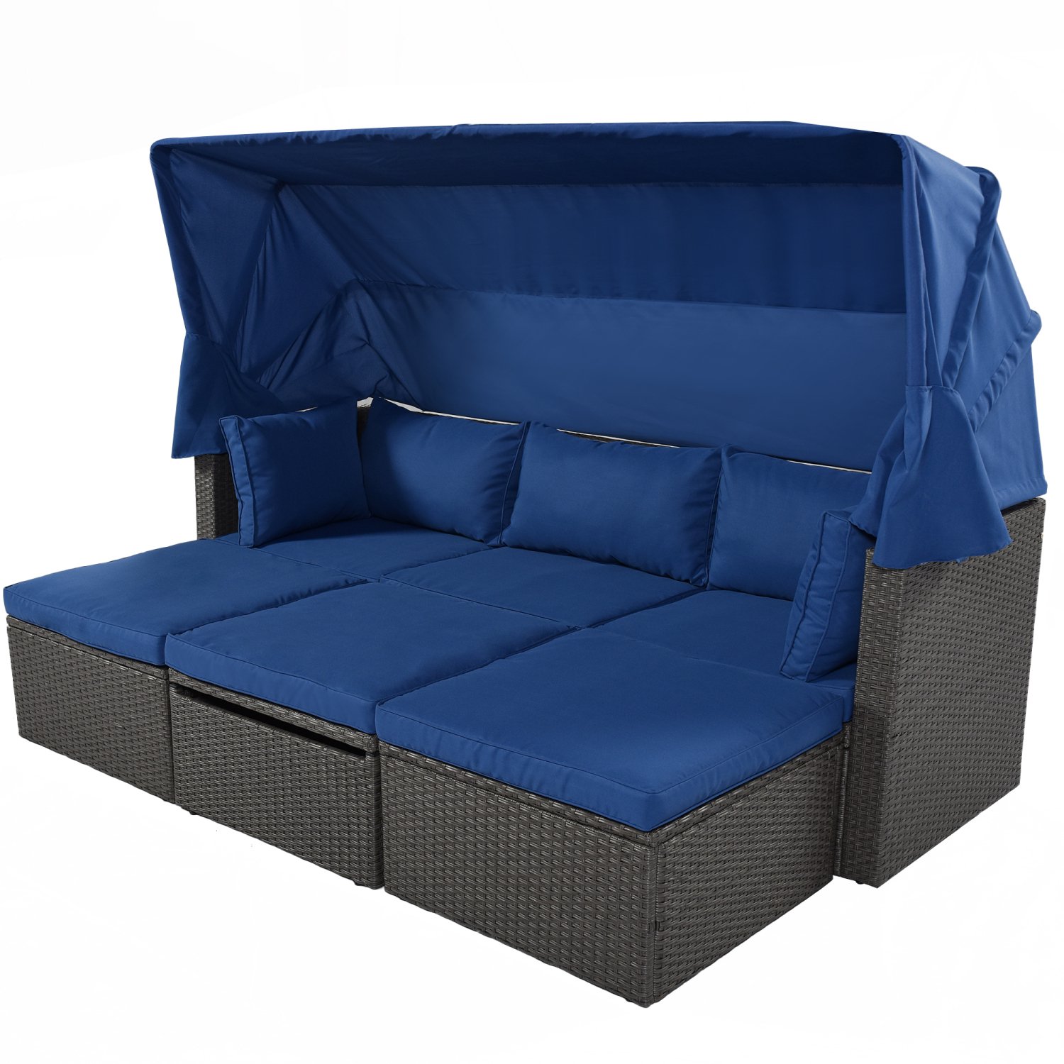 imerelez Outdoor Wicker Patio Daybed with Retractable Canopy - Rectangle Sectional Seating with Washable Cushions for Backyard and Porch