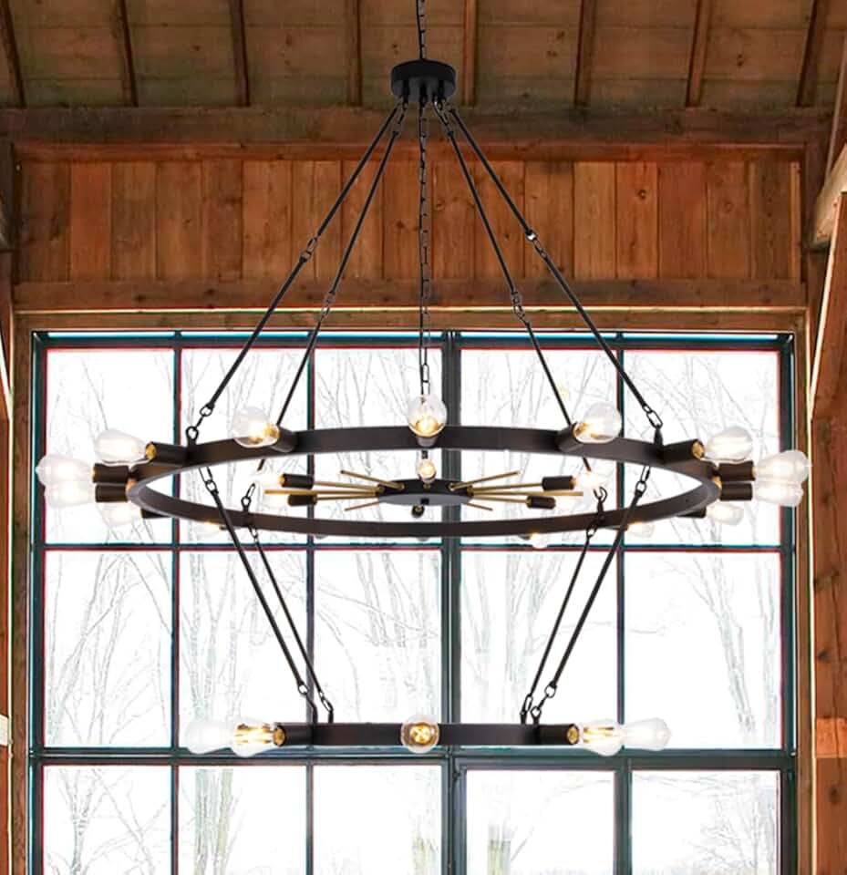 Wellmet Modern 54inch Large 2-Tier Black&Gold Wagon Wheel Chandelier, Farmhouse 30-Light Black Chandelier Lighting Fixture for Living Room, Entryway, Hallway, Dining Room, Foyer, Bar, Cafe