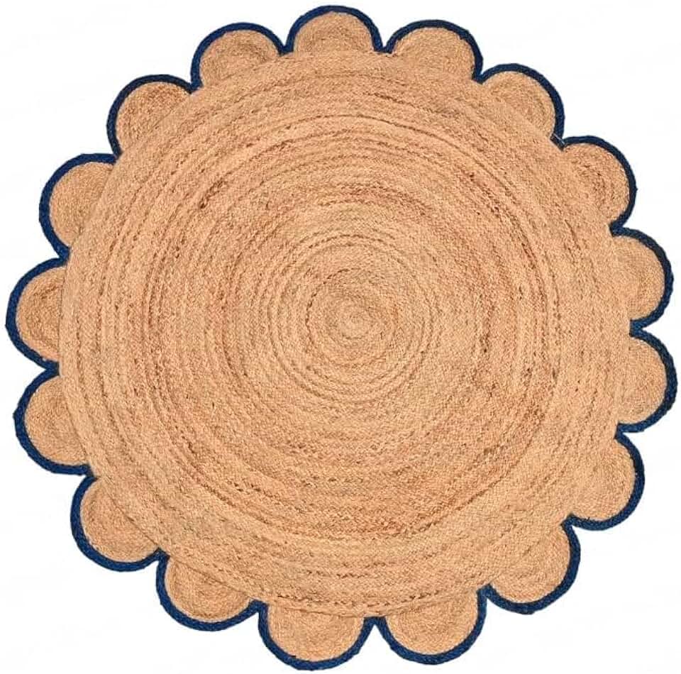 Natural Jute Scallop Round Rug, Floor Scalloped Edge Mat Braided Deign Circular Handmade Area Carpet Bohemian Indoor Outdoor Living Room Décor Floor Rug (14x14 feet)