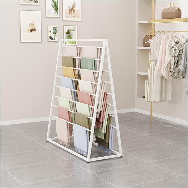 Metal Scarf Display Rack, Modern Retail Store Shawl Fabric Silk Scarf Organizer, Multi-Purpose Sheets Belt Suit Pants Hanging Rack Ties Holder Shelves Show Rack (Color : White, Size : 100x50x145)