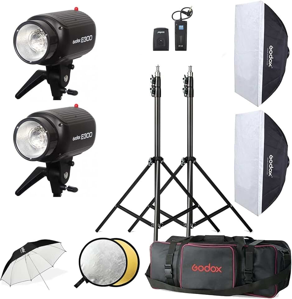 Godox 2Pack Professional Strobe Light Kit for Photography, 600W Studio Strobe Flash Kit, with 300W 5600K Strobe Monolights, Flash Trigger, Softbox, Tripod Stands, Storage Bag, Umbrella