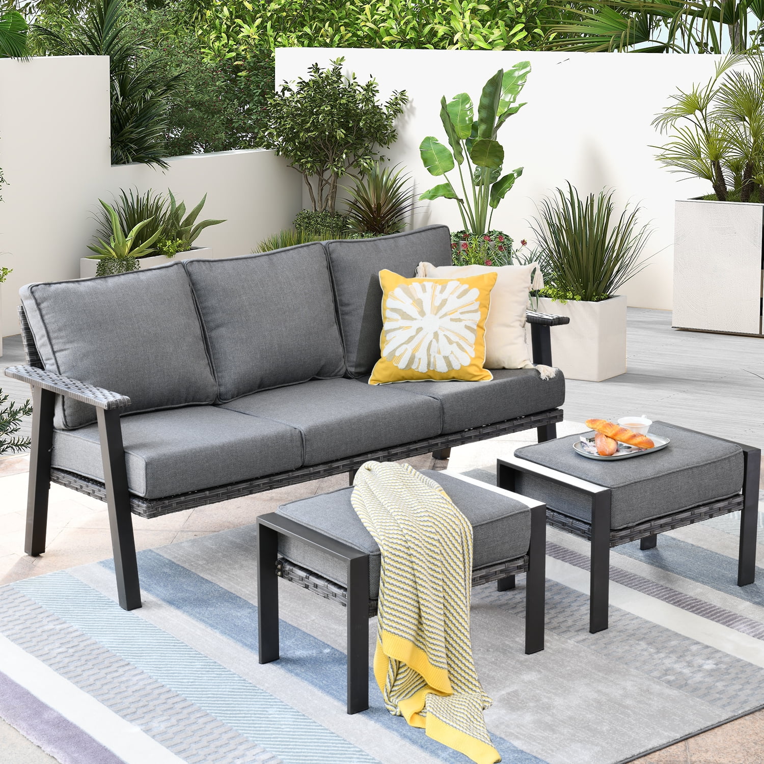 Ovios 3 Piece Outdoor Furniture All-Weather Patio Conversation Set Wicker Sectional Sofa with 5