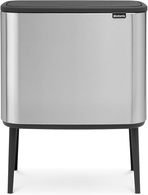 Brabantia Bo Trash Can - 1 x 9.5 Gal Inner Bucket (Matt Steel FPP) Waste/Recycling Garbage Can, Removable Compartment + Free Bags